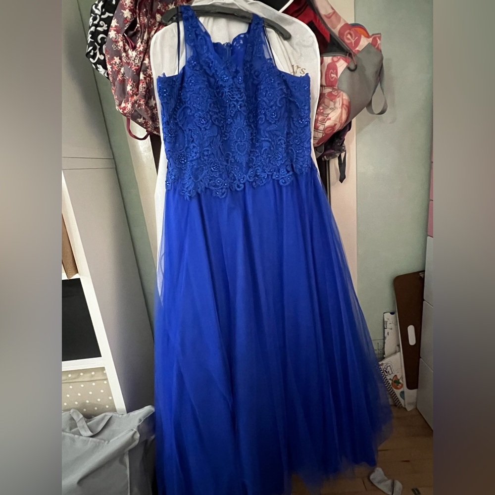 Royal blue, floor length plus size dress.